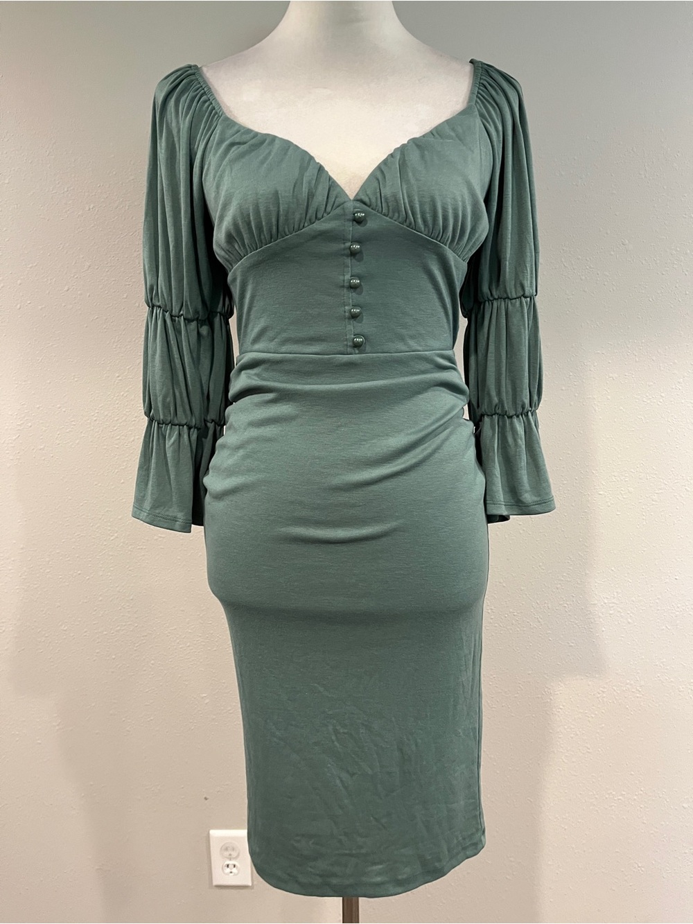 Hyfve Sage Green Midi Dress with Puff Sleeves